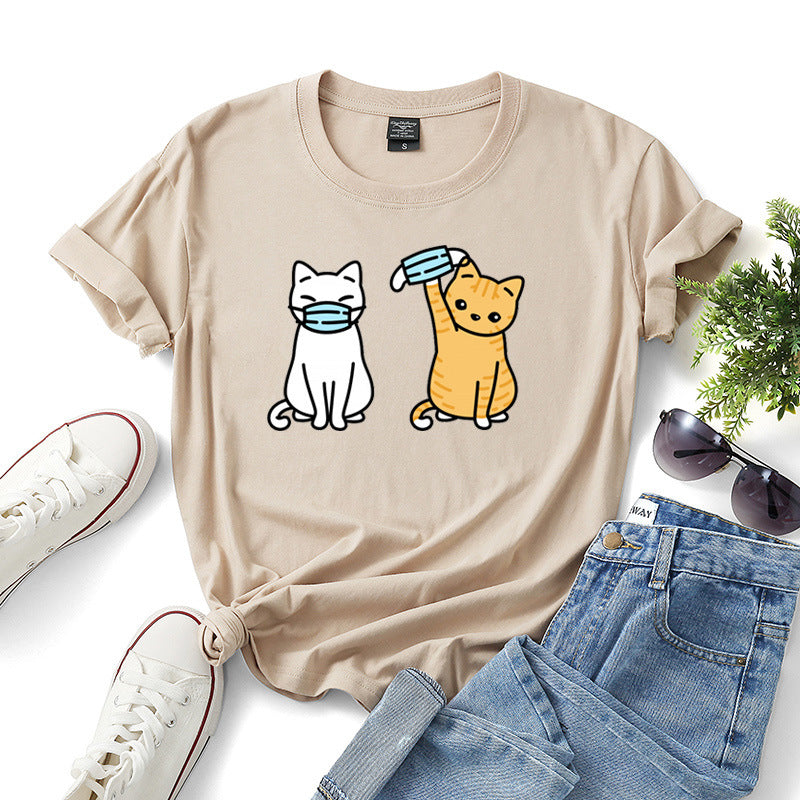 Women's Cartoon Cat Short Sleeve T Shirt