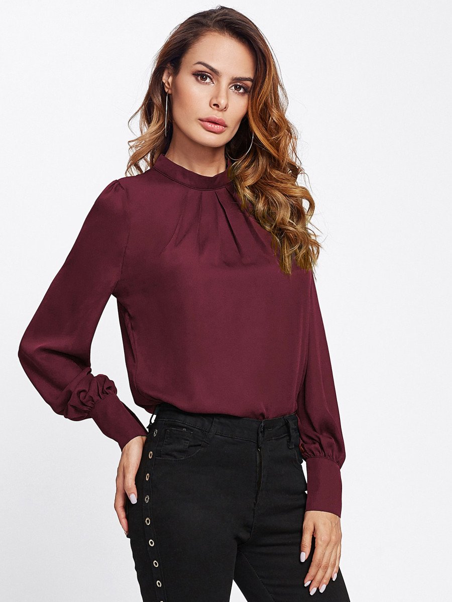 Women's Pleated Stand Collar Chiffon Shirt Women's Tops & T-shirt Unbranded Red XS