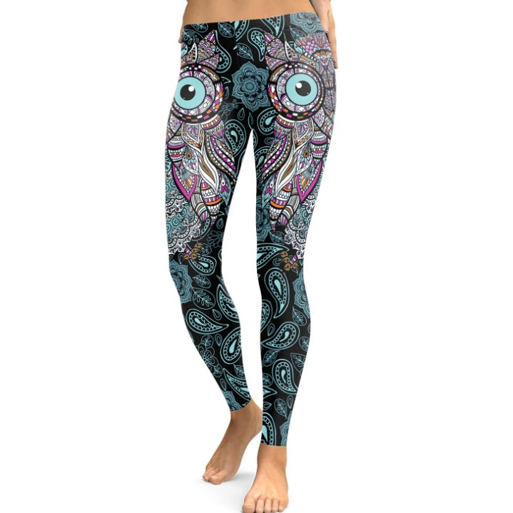 Women Cool Owl Digital Print Flower Fitness Workout Leggings Slim Elastic Plus Size