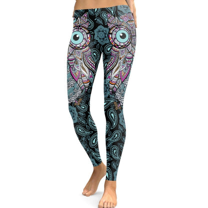 Women Cool Owl Digital Print Flower Fitness Workout Leggings Slim Elastic Plus Size