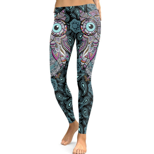 Women Cool Owl Digital Print Flower Fitness Workout Leggings Slim Elastic Plus Size