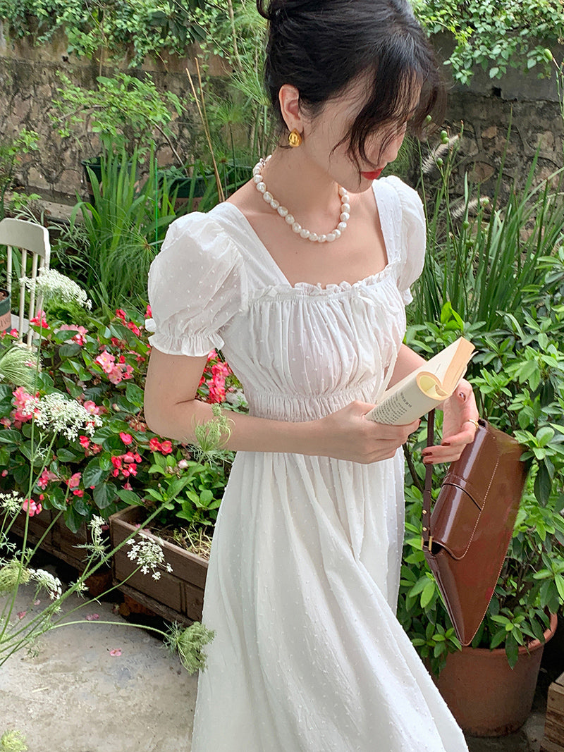Women's French Court Style Square Neck Dress With Bubble Sleeves