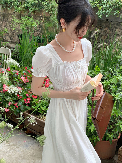 Women's French Court Style Square Neck Dress With Bubble Sleeves