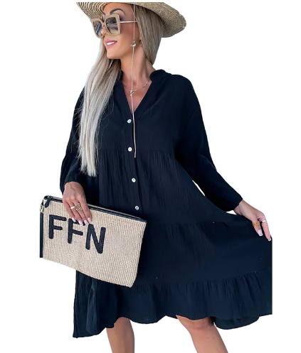 Women's Solid Color Pleated Shirt Dress