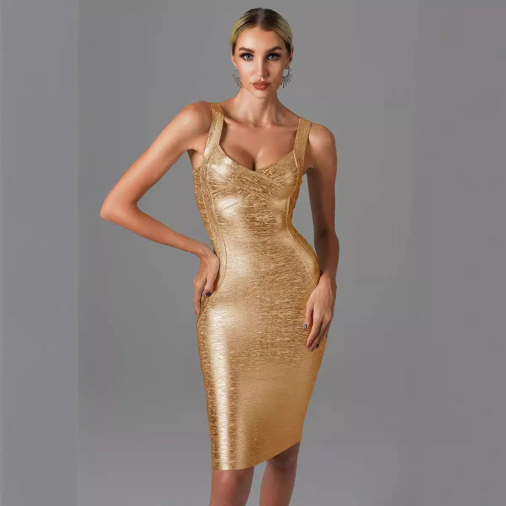 Women's Gold & Silver Foil Bandage Sleeveless Party Dress