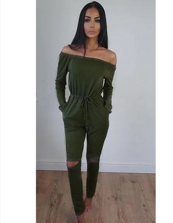 Women's Off Shoulder Ripped Jumpsuit
