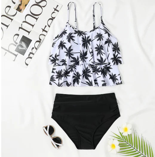 Women's Black Tankini With Double Straps & Print