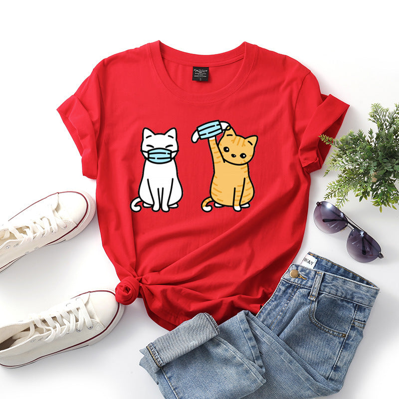 Women's Cartoon Cat Short Sleeve T Shirt