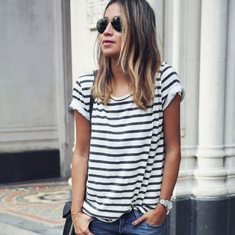 Women's Striped Short Sleeve Loose T Shirt