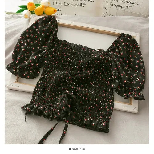 Women's Floral Ruffled Tops ILLUSION CO black Tamanho Único