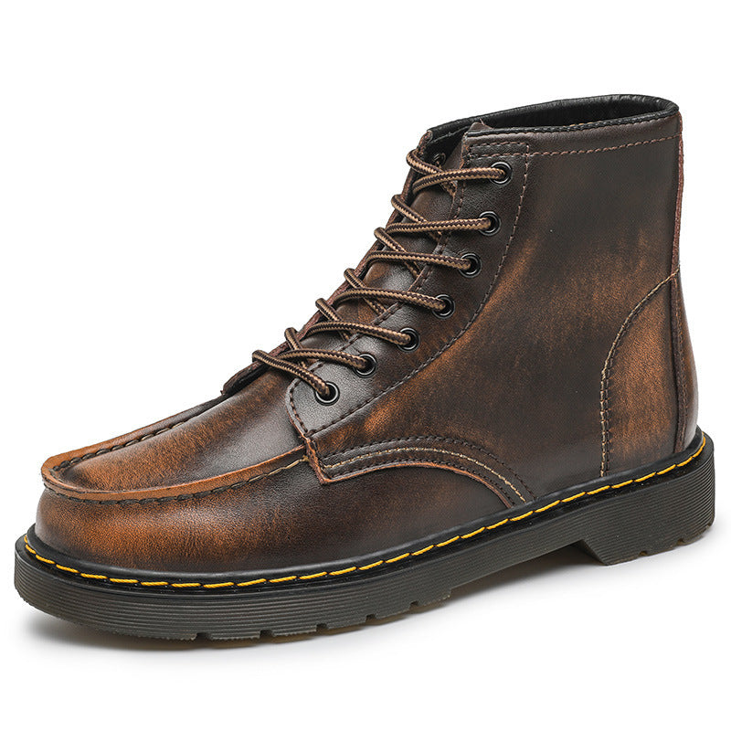 Men's High-Top Cowhide Martin Trendy Tooling Boots ILLUSION CO Brown plus velvet 46