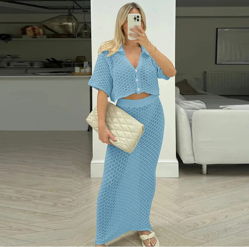 Women's Knitted Crochet Two Piece Skirt Set