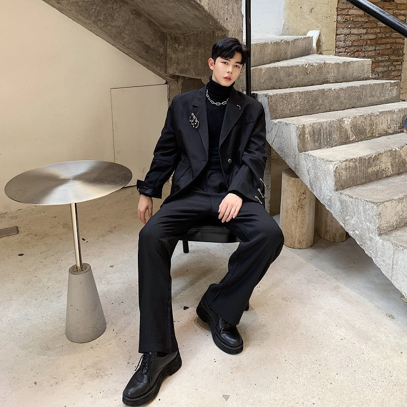 Men's Black Iron Ring Decor Stylish Suit Jacket and Loose Blazer