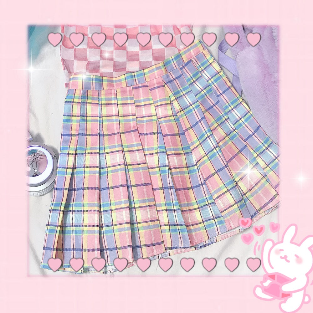 Women's Gradient Pink Checkered Pleated Mini Skirt