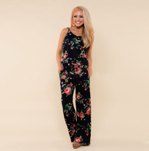 Women's Floral Jumpsuit, Loose Fit Long Pants, Strap Jumpsuit