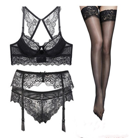 Women's Lace Lingerie Set With Stockings Women's Lingerie Unbranded Black S(32BCD 34A)