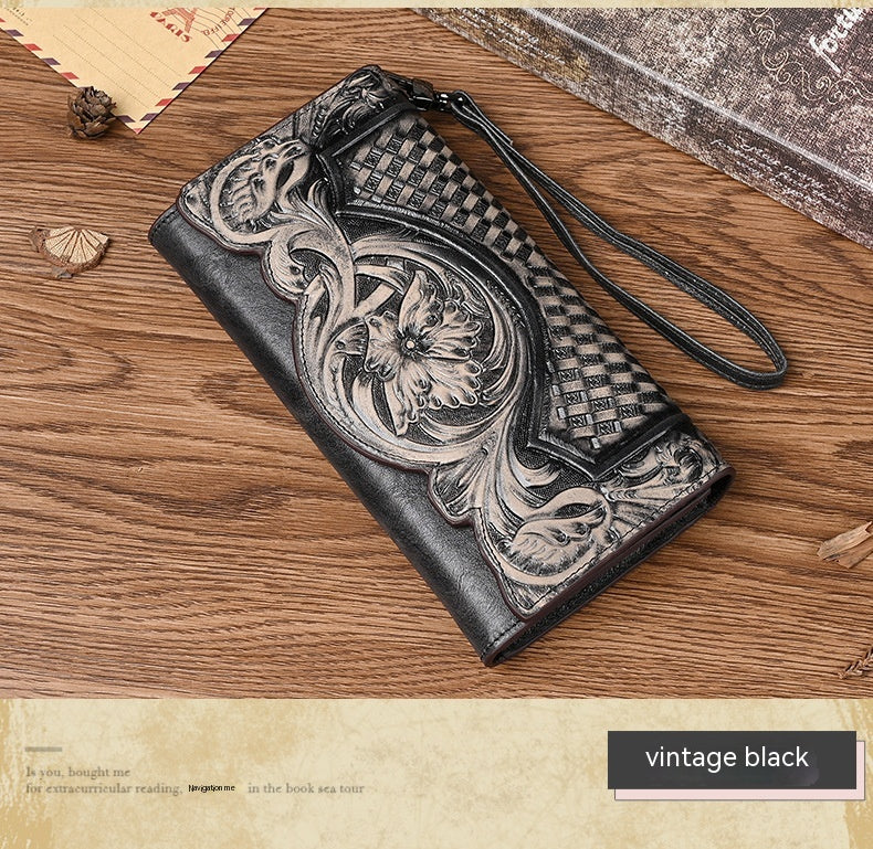 Chinese Style Embossed Women's Long Cowhide Wallet ILLUSION CO Retro Black