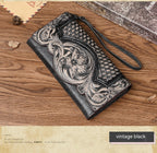 Chinese Style Embossed Women's Long Cowhide Wallet ILLUSION CO Retro Black