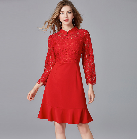 Women's Round Neck Long Sleeve Dress Slim Fit Midi Dress