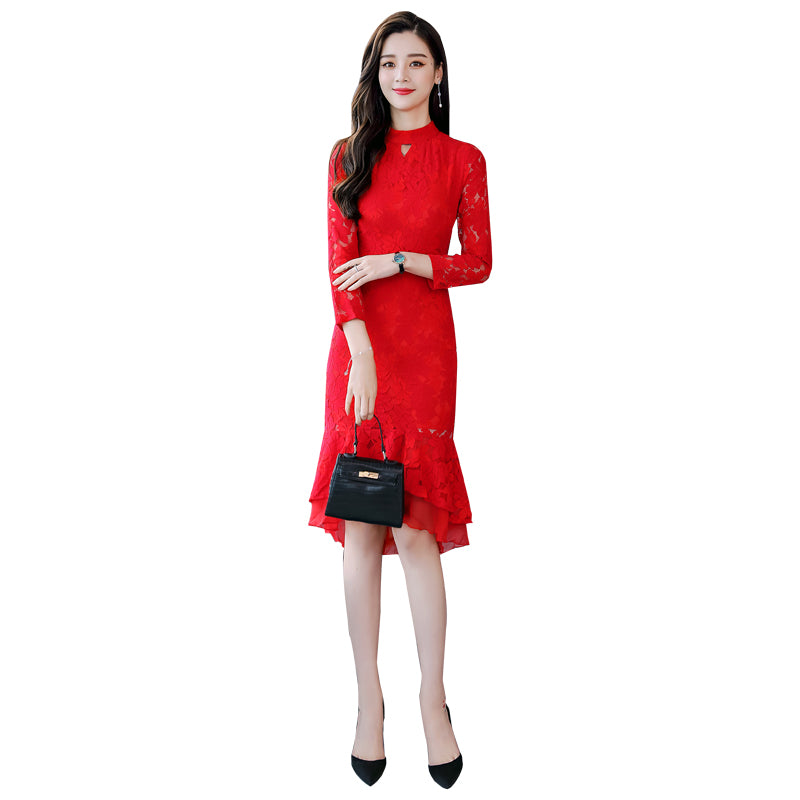 Women's Round Neck Long Sleeve Dress Slim Fit Midi Dress