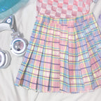 Women's Gradient Pink Checkered Pleated Mini Skirt