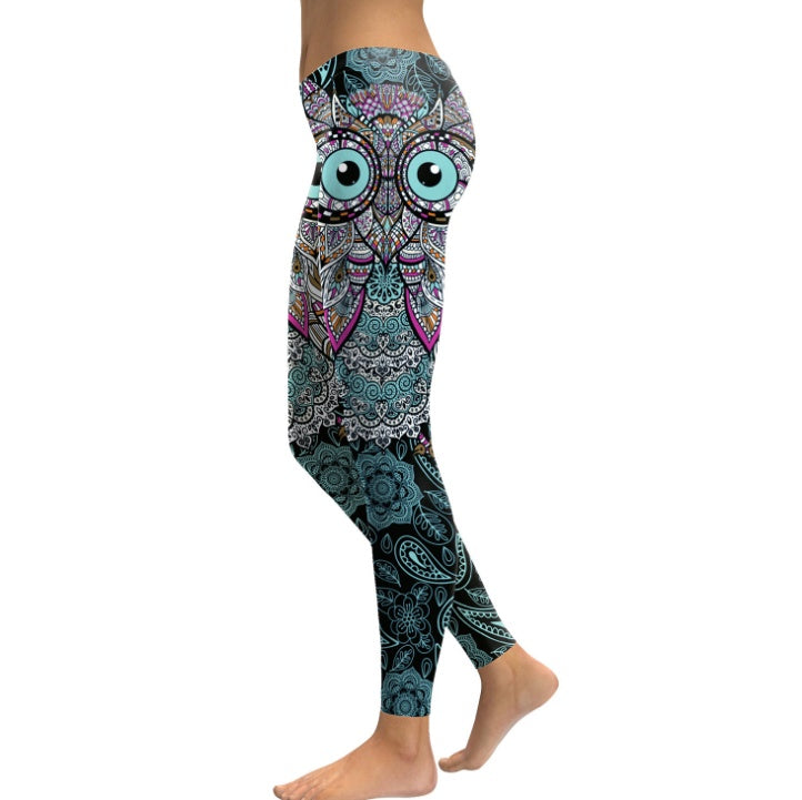 Women Cool Owl Digital Print Flower Fitness Workout Leggings Slim Elastic Plus Size