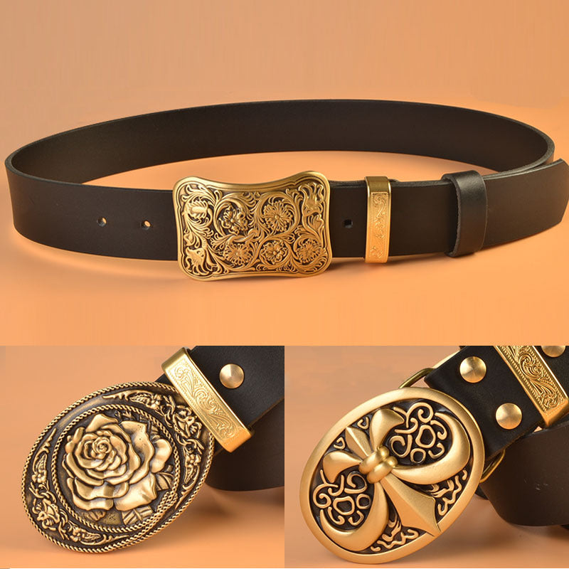 Men's Solid Brass Buckle Genuine Leather Belt Men's Belt Unbranded Main image
