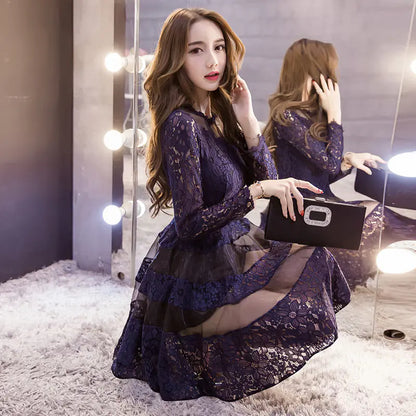 Women's Long Sleeve Tulle Skirt Lace A Line Dress