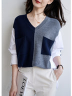 Women's Retro V Neck Knitted Pocket Shirt