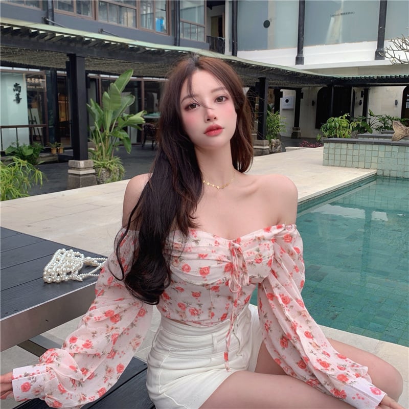 Women's Floral One Shoulder Short Chiffon Shirt