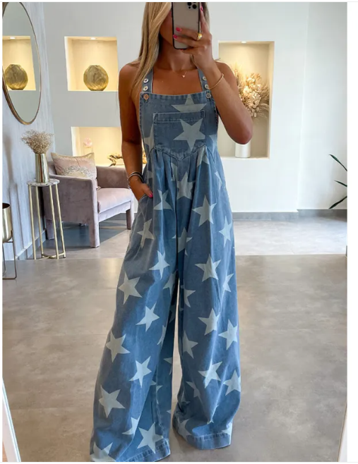 Women's Star Print Denim Romper