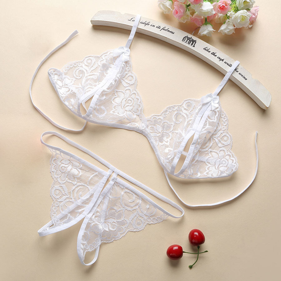 Women's Lace Three Piece Open Crotch Lingerie Set Women's Lingerie Unbranded White One Size