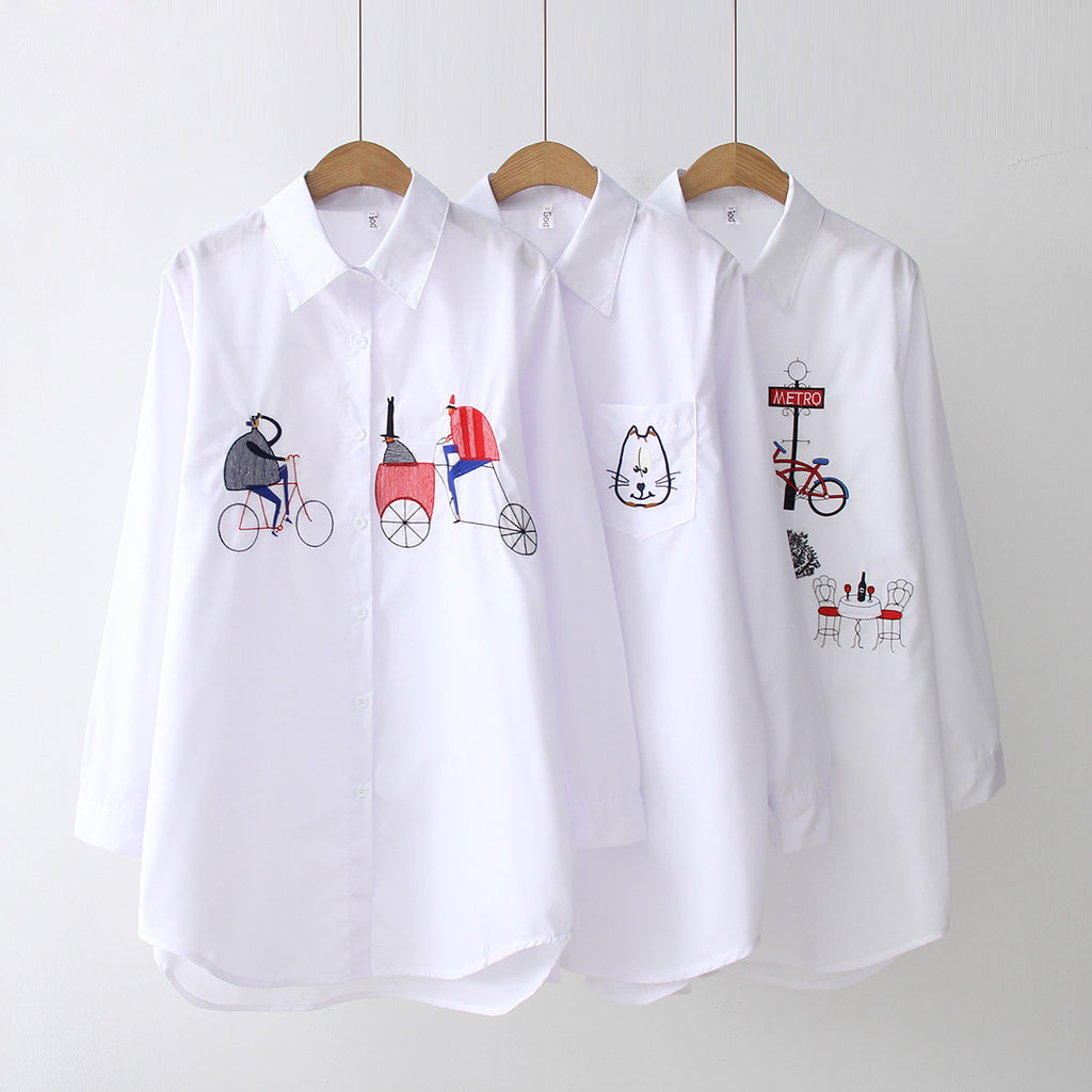 Women's Harajuku Embroidered White Shirt Long Sleeve