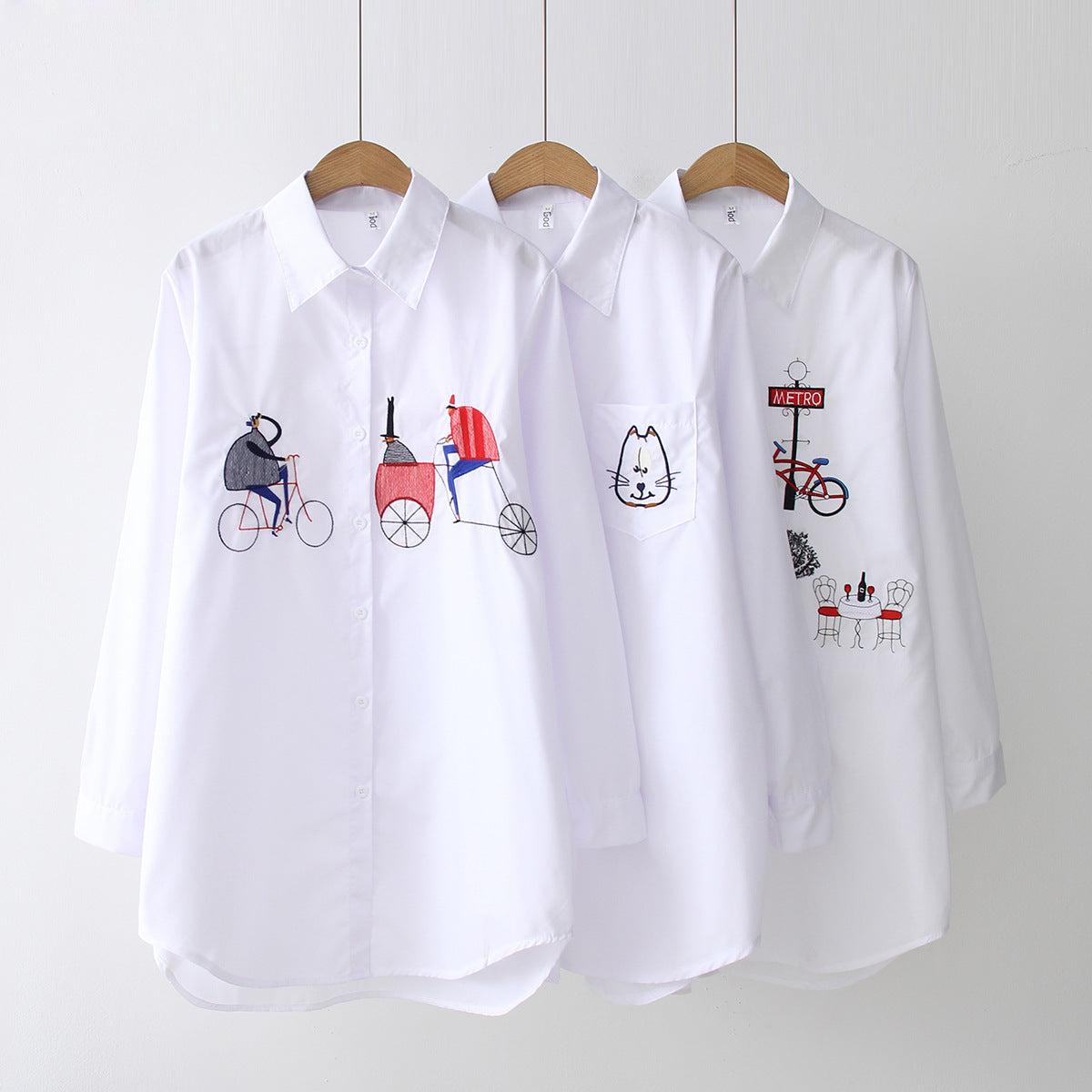 Women's Harajuku Embroidered White Shirt Long Sleeve