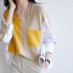 Women's Retro V Neck Knitted Pocket Shirt