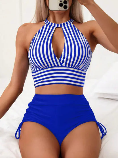 Women's High Neck Striped Bikini Two Piece Set