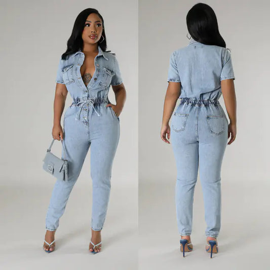 Women's Elegant Blue Denim Stretch Jumpsuit
