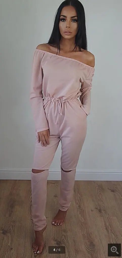 Women's Off Shoulder Ripped Jumpsuit
