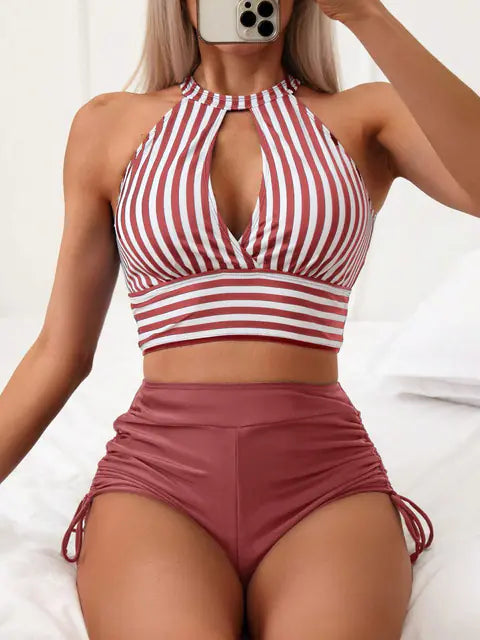 Women's High Neck Striped Bikini Two Piece Set