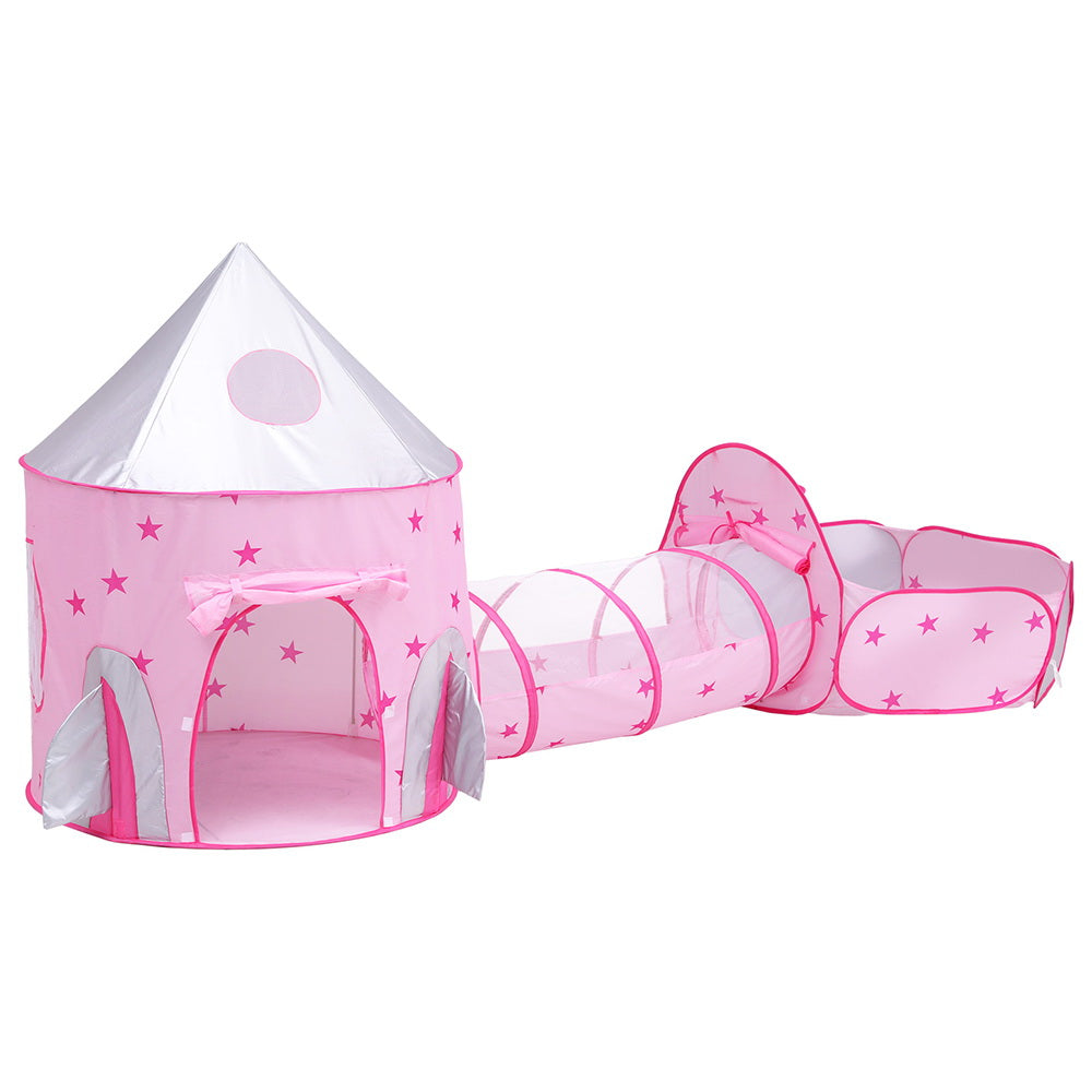 Keezi Kids Playhouse Play Tent Pop Up Castle Crawl Tunnel Basketball Hoop Pink Main image
