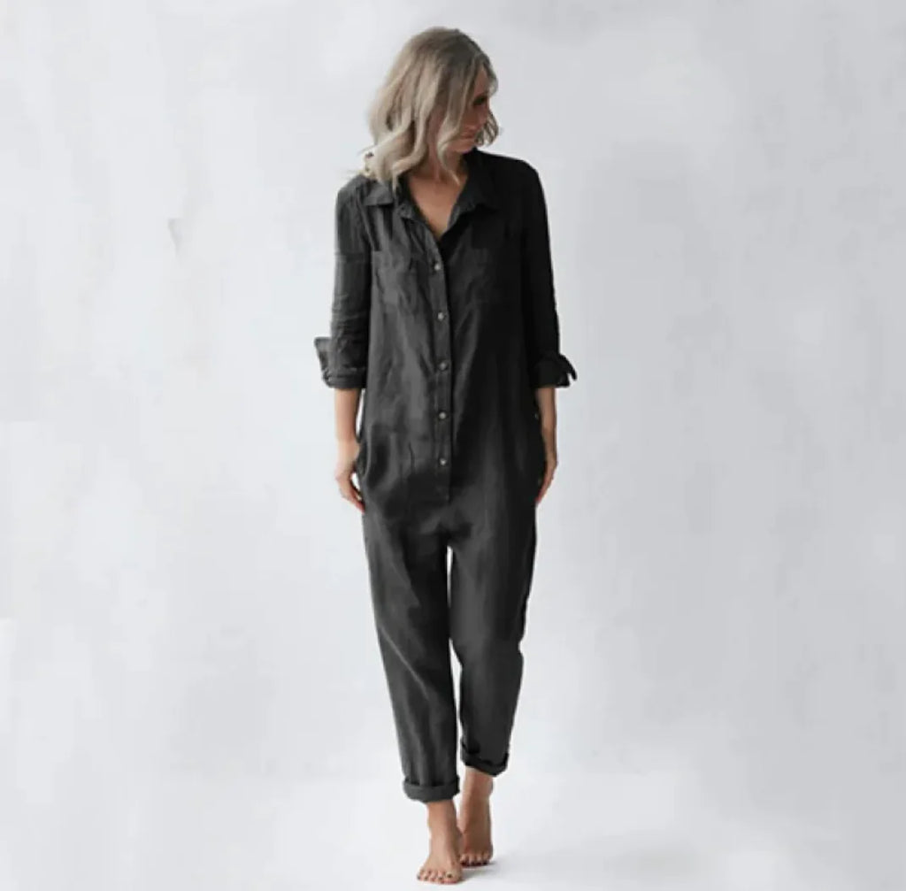 Womens Casual Long Sleeve Button Jumpsuit