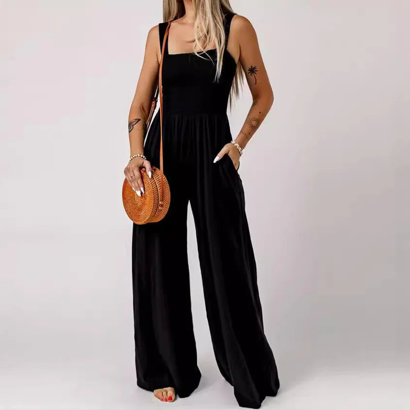 Women's Smocked Square Wide Leg Jumpsuit