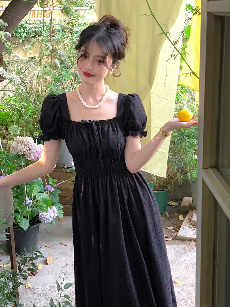 Women's French Court Style Square Neck Dress With Bubble Sleeves
