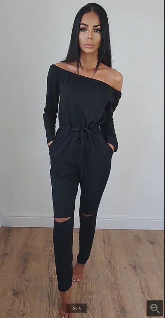 Women's Off Shoulder Ripped Jumpsuit