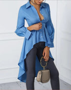 Women's Solid Color Lantern Sleeve Tail & Button Shirt Dress