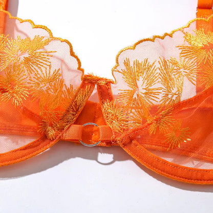 Ellolace Orange Lace Embroidery Lingerie Set Sexy Transparent 3 Piece Mesh Bra & Shorts