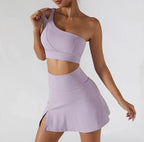 Women's Ribbed One Shoulder Stretch Yoga Bra & Shockproof Activewear Set