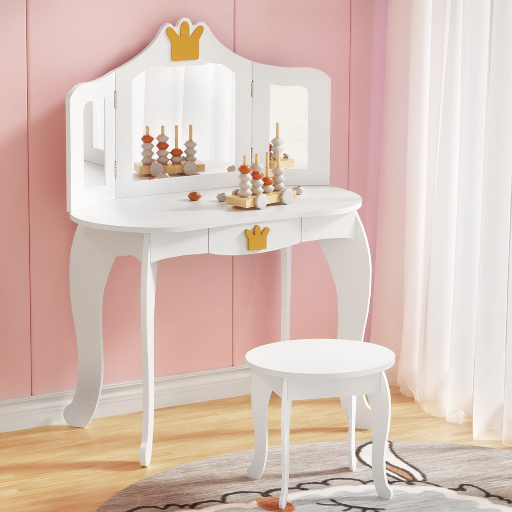 Keezi Kids Dressing Table Vanity Makeup Chair Set Wooden 3 Mirror Drawer White Secondary image