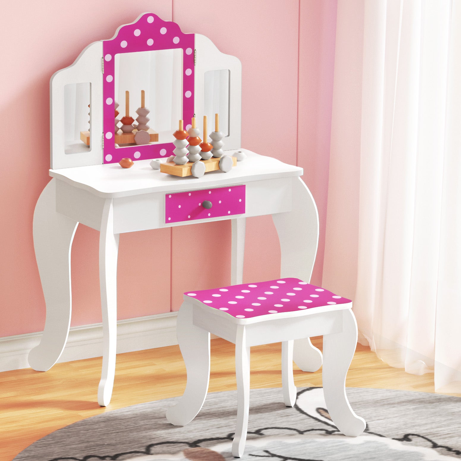 Keezi Kids Dressing Table Vanity Makeup Chair Set Wooden 3 Mirror Drawer Pink Secondary image