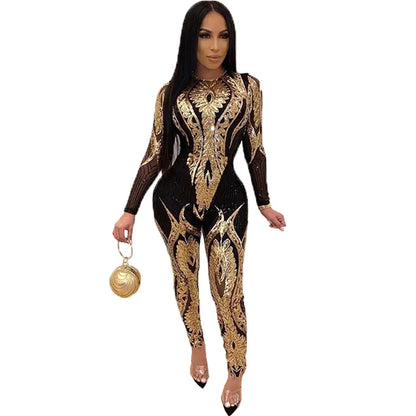 Women's Sequin Long Sleeve Sheer Jumpsuit